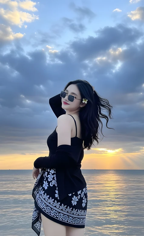 海边美女·墨镜花饰·唯美日落氛围感手机壁纸