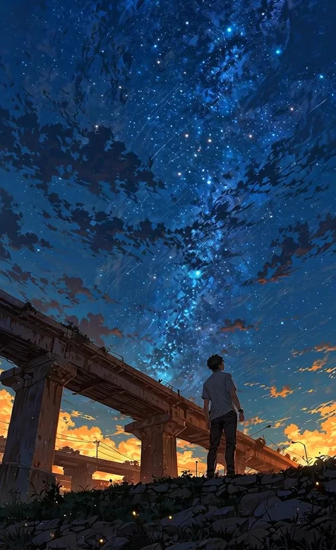男孩仰望星空·日系唯美风高架桥黄昏动态手机壁纸