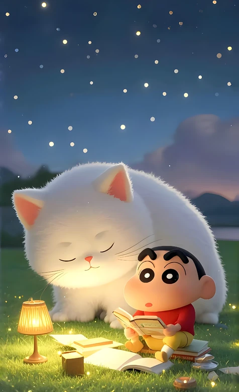 野原新之助夜读+巨型白猫 治愈唯美蜡笔小新动漫壁纸