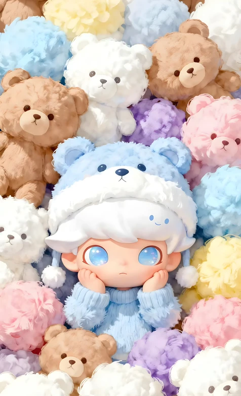 戴蓝熊帽卡通人物·毛绒小熊簇拥 可爱二次元治愈系手机壁纸