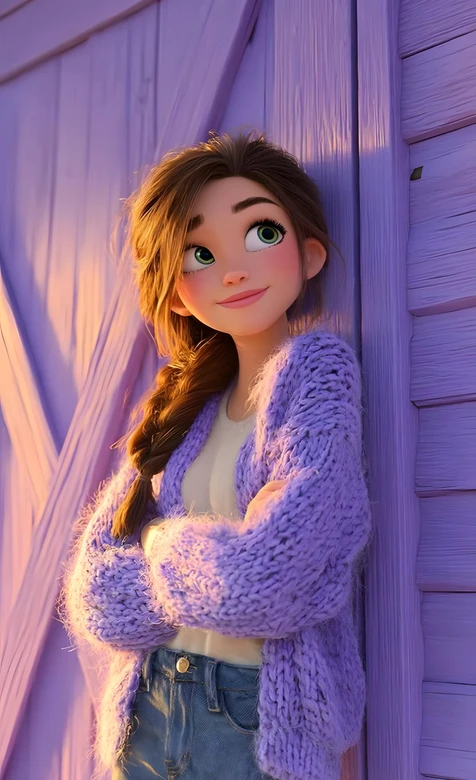3D卡通女孩·麻花辫紫毛衣 温暖治愈手机壁纸