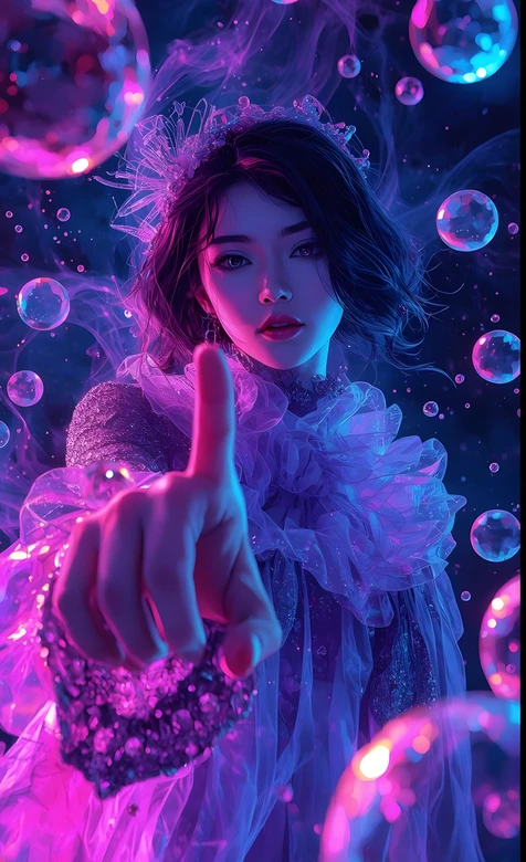 赛博朋克梦幻少女·泡泡环绕轻纱华服 超现实手机壁纸