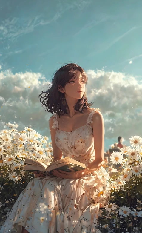 雏菊花海阅读少女·唯美插画风 治愈手机壁纸