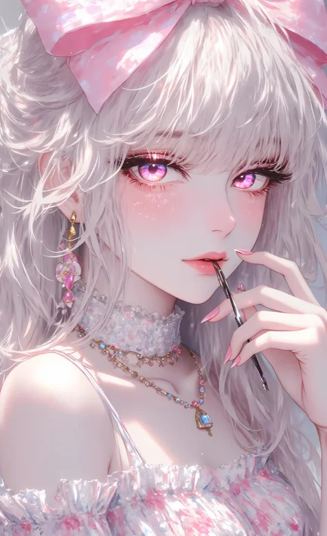 粉系二次元少女·梦幻卷发蝴蝶结 甜系美学动态手机壁纸