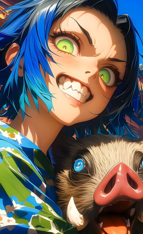蓝发绿眼动漫角色·野猪伙伴 国漫热血冒险手机壁纸