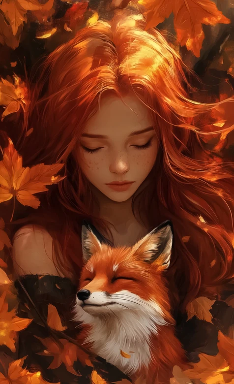 红发少女与狐狸·唯美写实·秋日氛围感手机壁纸
