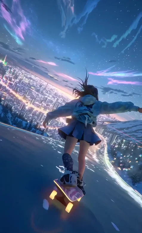 滑板少女·二次元蓝调 霓虹都市夜景动态手机壁纸
