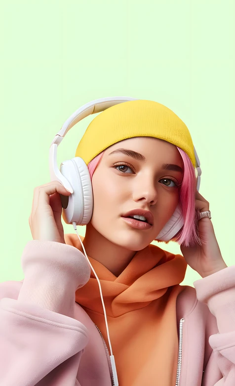 潮酷粉发少女 黄帽白耳机 清新时尚 高人气耳机壁纸