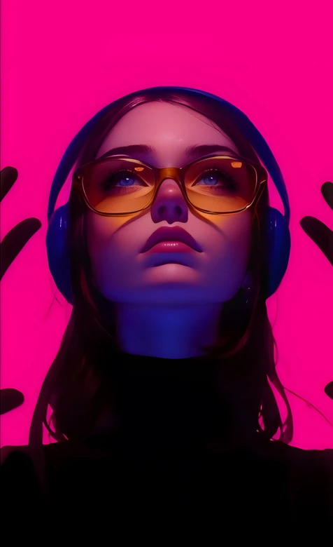 赛博朋克风戴耳机眼镜人物 霓虹粉紫手机壁纸热门款