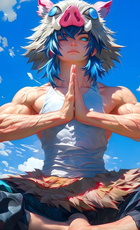 嘴平伊之助·猪盔冥想 日漫写实风 鬼灭之刃热血壁纸（人气手机壁纸）