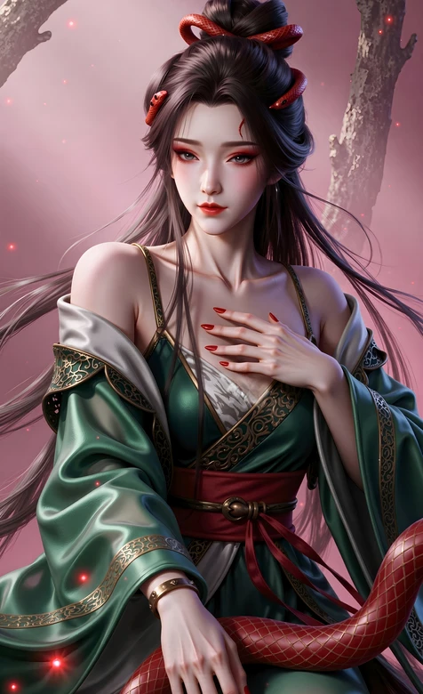 古风蛇姬·牧神记龙蛟女·国风写实 绿衣红蛇女子 古风手机壁纸推荐