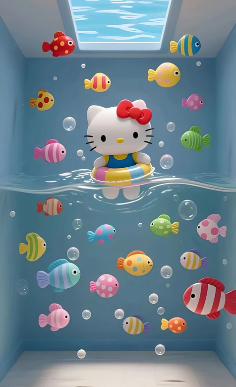 Hello Kitty·泳圈彩色小鱼环绕 可爱卡通风动漫治愈系手机壁纸