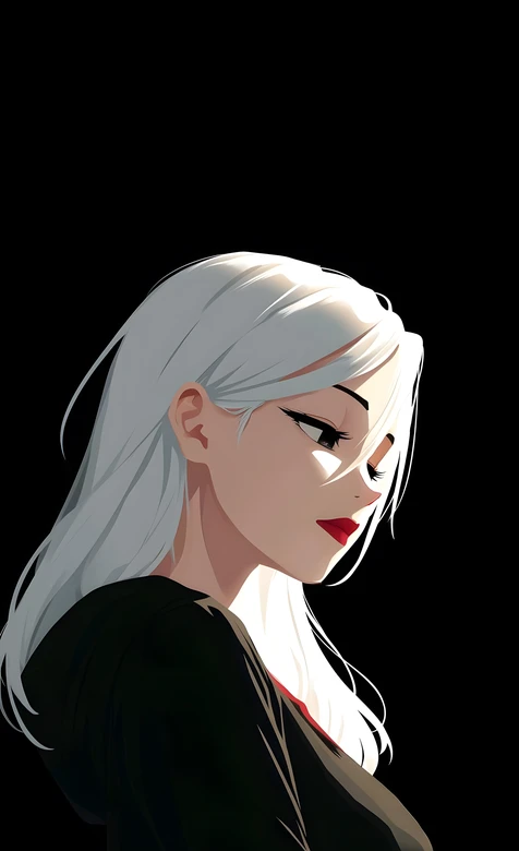 白发红唇少女·暗黑简约二次元插画 高质感手机壁纸