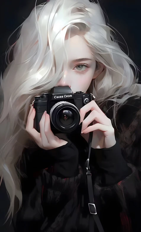 白发少女持佳能相机 写实唯美风 文艺感壁纸
