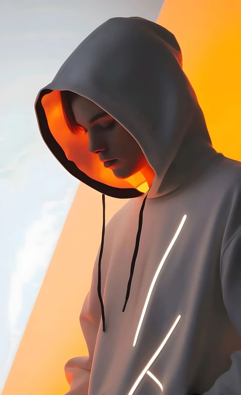 戴帽帅哥·反光条连帽衫暖光氛围 赛博简约风潮流手机壁纸