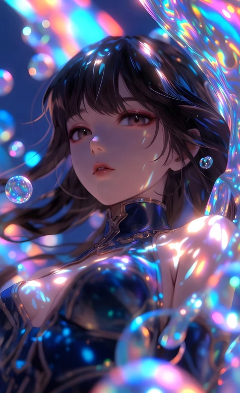 二次元少女·炫彩泡泡流光 唯美梦幻原创插画手机壁纸