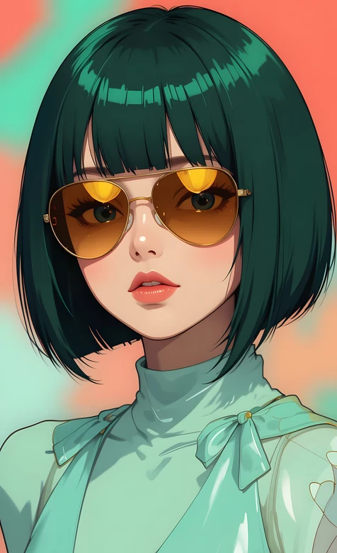 绿发短发墨镜少女 青色高领服饰 潮流壁纸