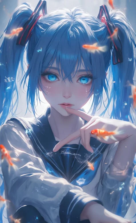 蓝发双马尾少女·金鱼环绕二次元唯美动态壁纸