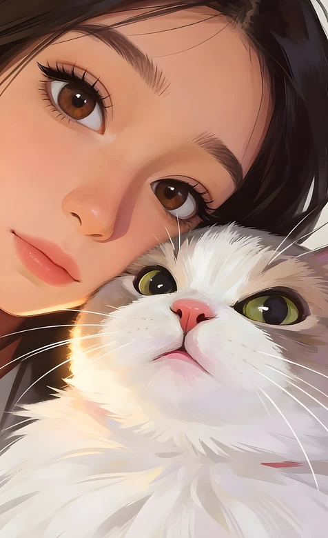 女孩与布偶猫·唯美写实插画风 高清宠物互动手机壁纸