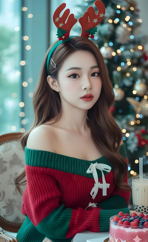 圣诞鹿角发箍女生·唯美写实 圣诞甜品场景手机壁纸