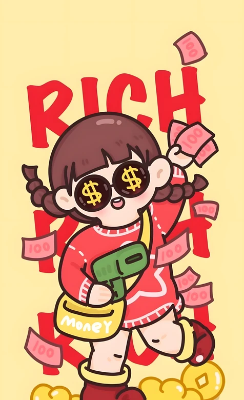 插画女孩·美元墨镜钞票枪·暴富风手机壁纸