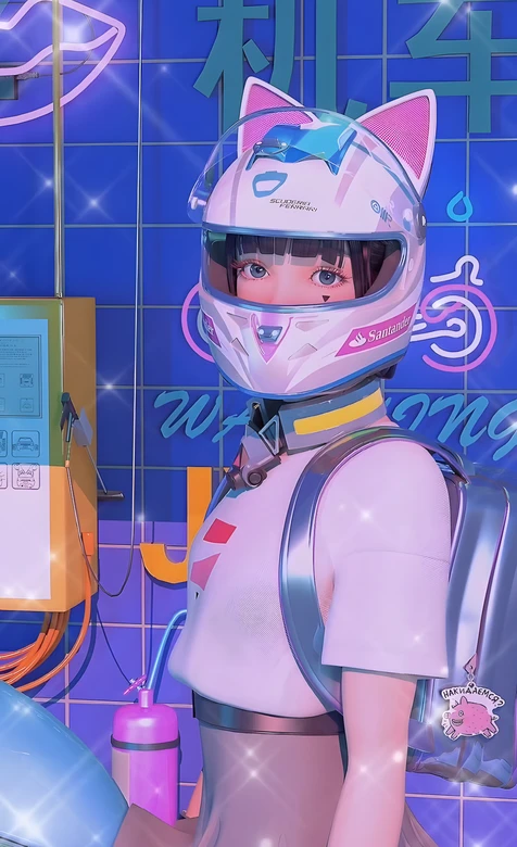 二次元猫耳头盔少女·赛博朋克霓虹风 高人气手机壁纸