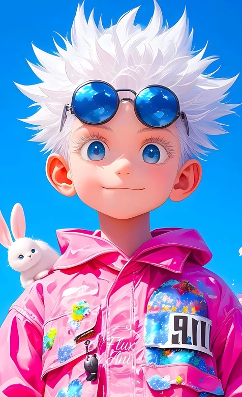 白发萌系少年·粉衣白兔墨镜 二次元清新风手机壁纸