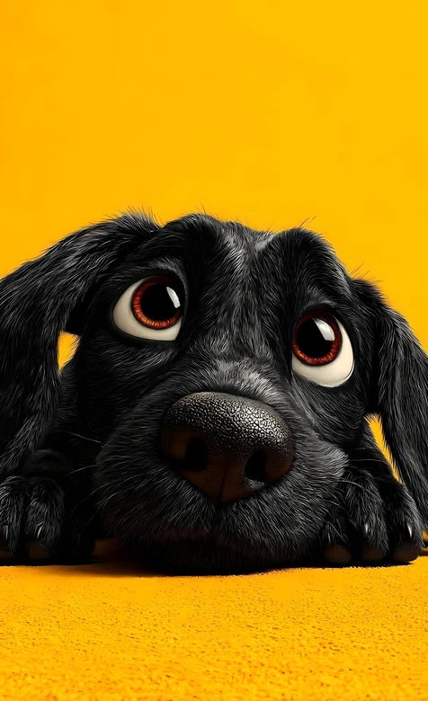 黑色卡通狗狗·无辜大眼 暖黄背景萌系治愈手机壁纸