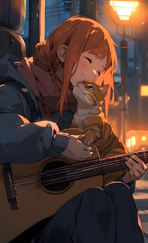 红发少女抱橘猫 二次元治愈风街景 治愈系手机壁纸