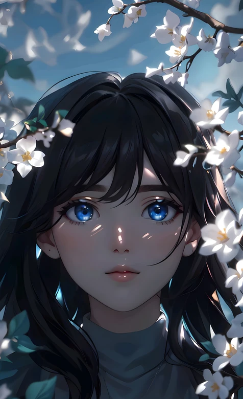 唯美动漫风黑发蓝眼少女·春日花景 高适配手机壁纸