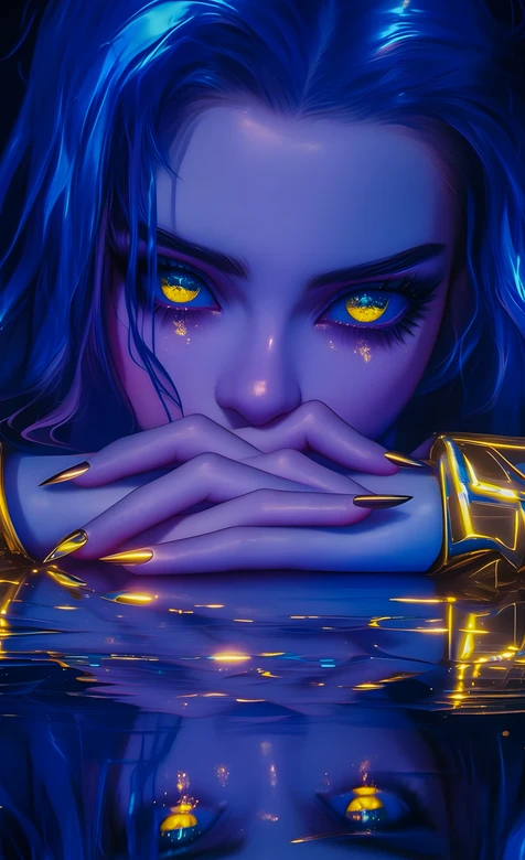 神秘蓝发女·黄瞳鎏金美甲 赛博奇幻手机壁纸