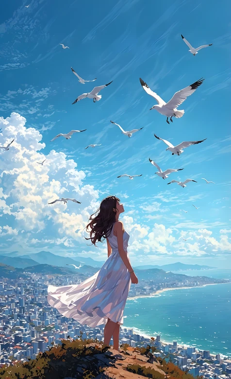 白裙少女·海鸥翱翔 唯美二次元插画 治愈系手机壁纸
