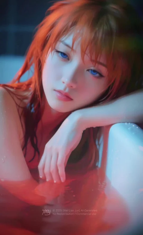 红发少女·柔雾水光 蓝眸少女浴缸唯美壁纸 唯美AI生成动态手机壁纸 二次元治愈系