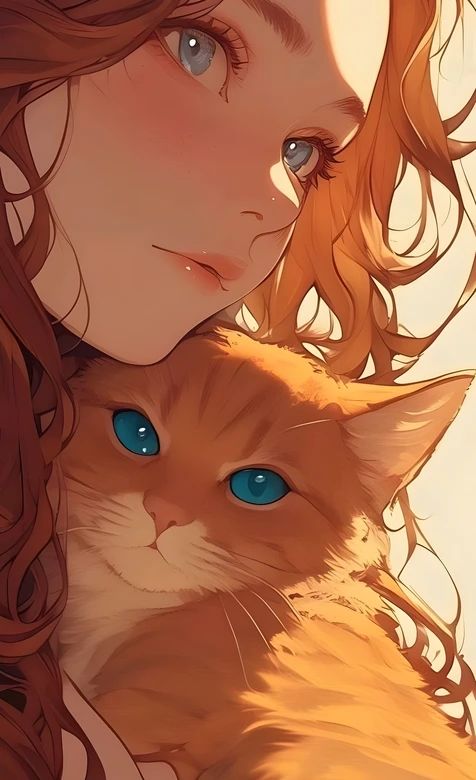 卷发女孩与蓝眼橘猫·唯美二次元手绘 治愈暖调壁纸