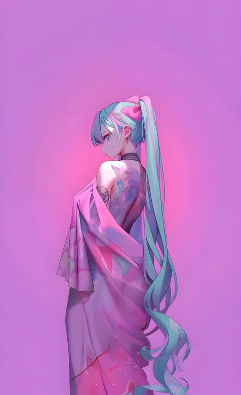 初音未来·长发纹身粉衣背影 唯美二次元高人气壁纸