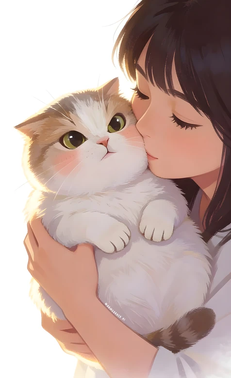 女孩轻吻圆胖猫咪·唯美治愈风·Wamacornies AI绘制 手机壁纸