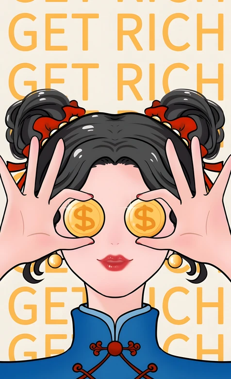 国风双髻女子金币遮眼国漫风手机壁纸 暴富主题吸睛设计