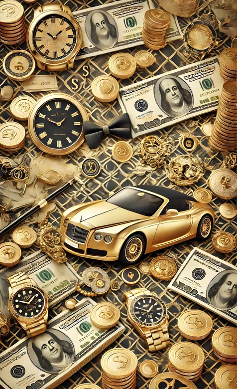 金色宾利跑车与金饰美元·奢华财富风手机壁纸