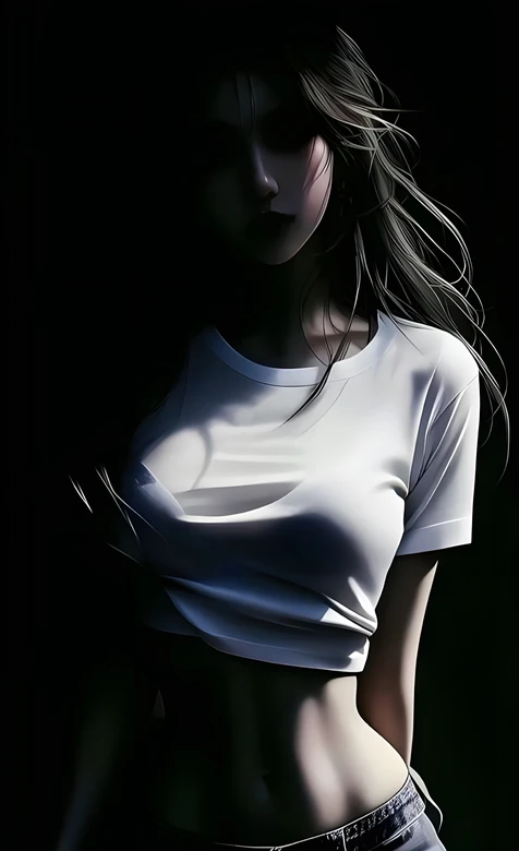 暗黑写实风露脐少女·白T短裤 原创插画手机壁纸