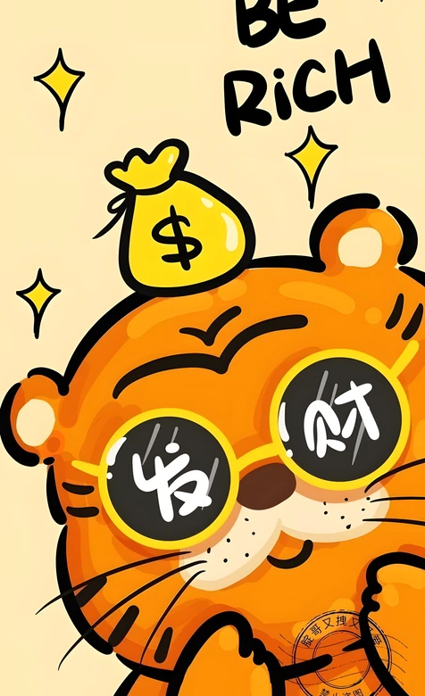 卡通老虎·发财墨镜钱袋 国潮BE RICH招财壁纸