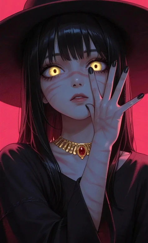暗黑风神秘少女·黄瞳黑甲宽檐帽金链红宝 暗黑系壁纸