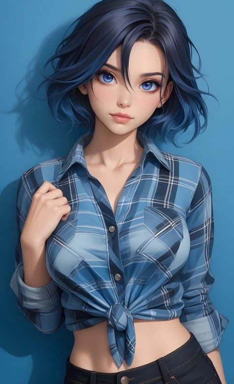 二次元唯美蓝发少女·蓝格衬衫系结造型 原创插画手机壁纸