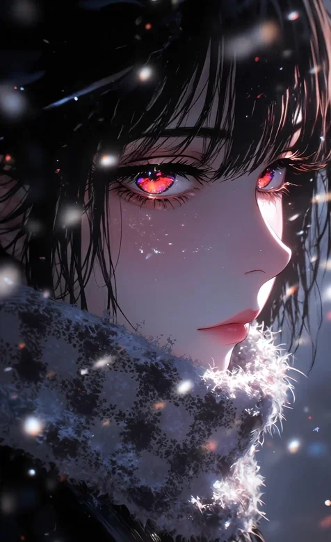 红瞳黑发少女·唯美二次元雪景动态手机壁纸推荐