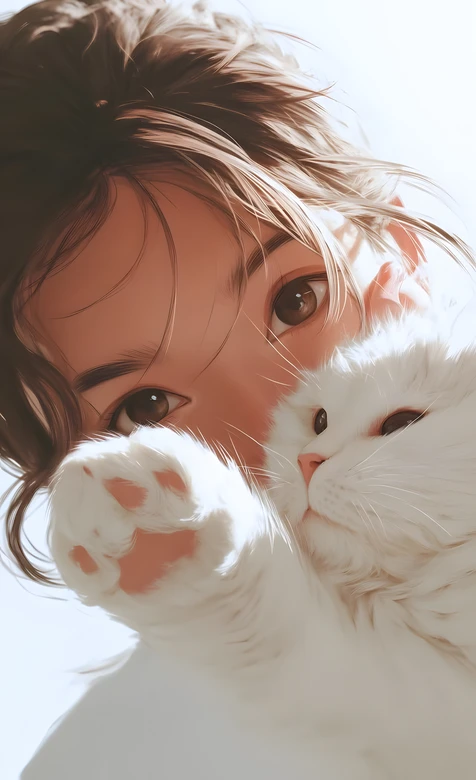女孩与白猫亲昵互动·写实治愈风 宠物互动壁纸