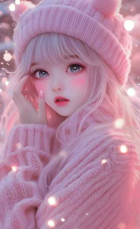 粉色系长发少女·毛绒针织装 唯美梦幻暖光手机壁纸