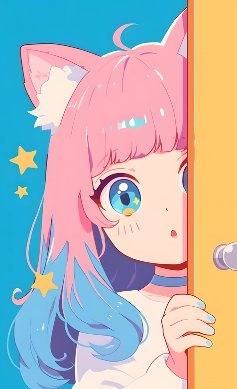 猫耳少女·粉蓝渐变发 二次元可爱风 治愈手机壁纸