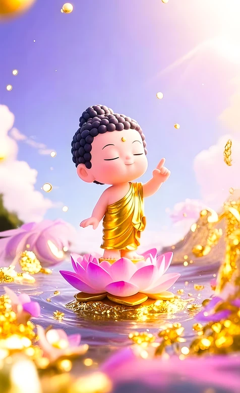 Q版小佛陀·金衣立粉莲 治愈禅意佛主题手机壁纸