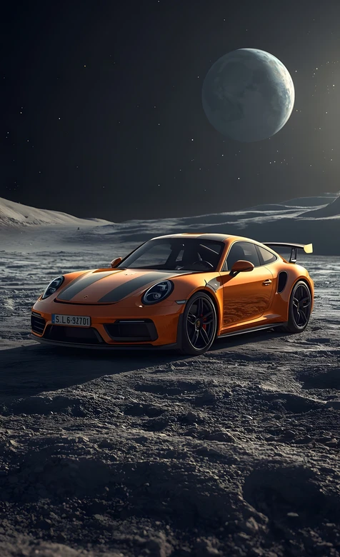 橙色保时捷911·科幻月球场景·写实风超跑壁纸