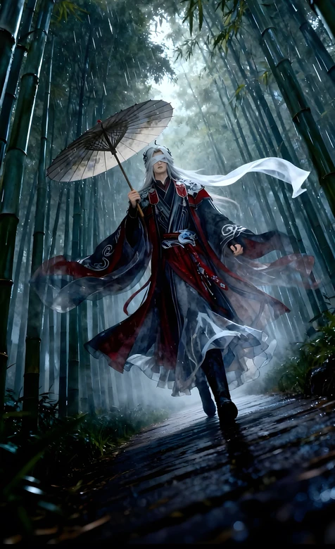 蒙眼国漫帅哥王林·红黑华服 雨幕竹林 国风玄幻武侠风手机壁纸