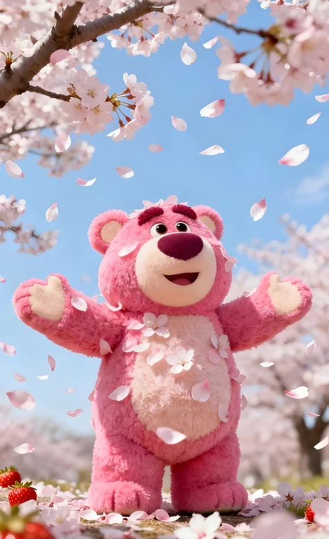 Lotso草莓熊·樱花飘落唯美风 玩具总动员卡通壁纸（樱花季治愈壁纸）